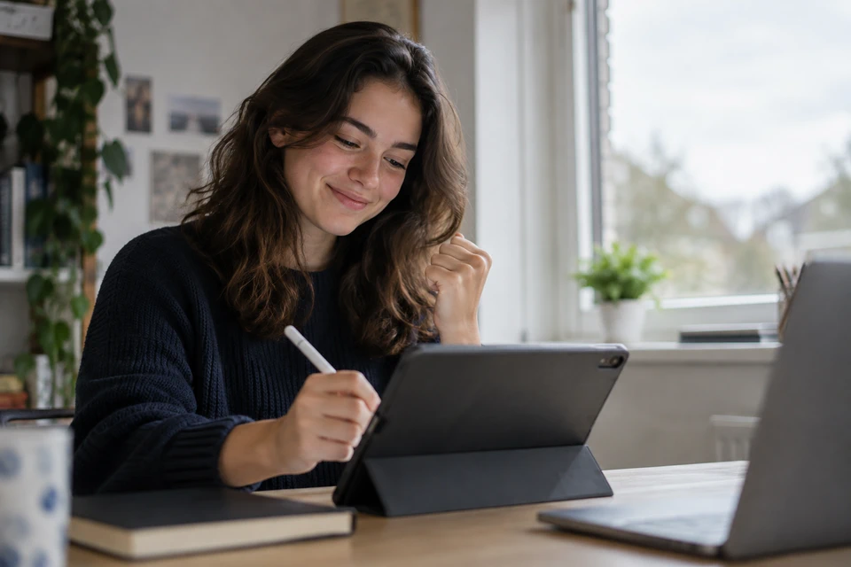 Sixth-form student studying with a tablet and stylus